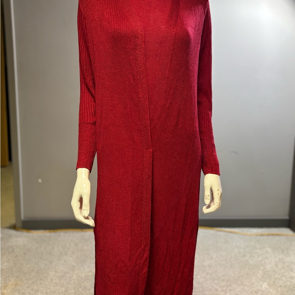 Red, Sparkly cardigan and sleeveless mock turtleneck.